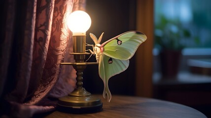 A captivating Luna moth resting near a soft glowing lightbulb