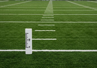 Closeup of a football field marker on the green turf with yard lines