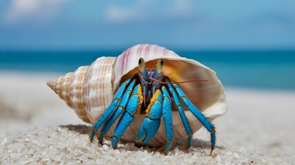 A vivid image of a blue hermit crab emerging from its shell, placed on a sandy beach against a background of the ocean