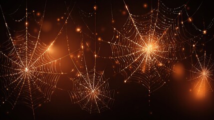 Fototapeta premium Dew-covered spider webs glisten against a dark, blurred background with warm glowing light spots.