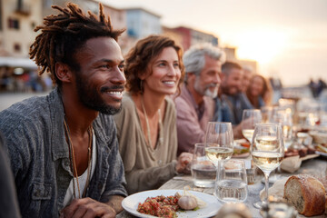 Group of friends sharing a festive dinner with delicious food and wine as the sun sets over the waterfront