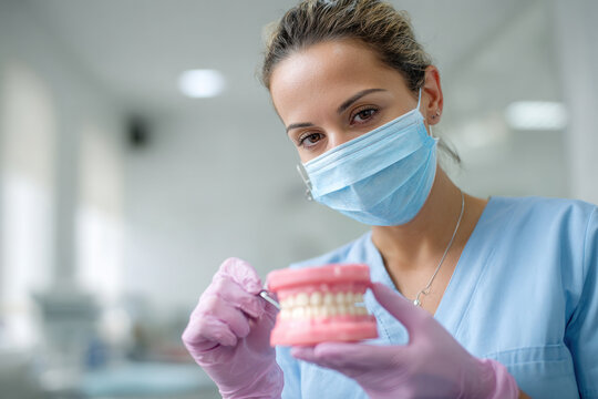 Dental professional wearing a mask and gloves showcases a dental model for patient education in a bright clinic setting