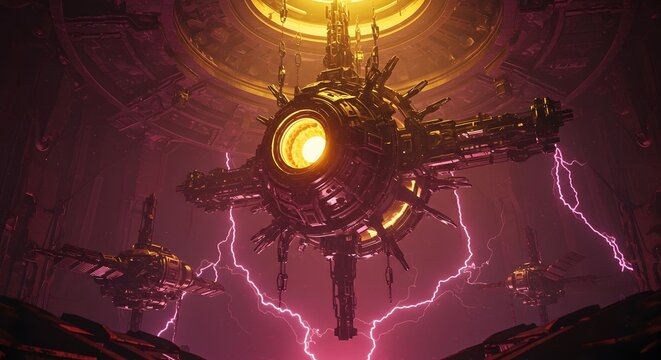 A colossal alien machine with a glowing eye core generates electrical energy in a vast technological hall
