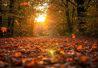 Golden autumn sunlight streams through trees onto a leafcovered path