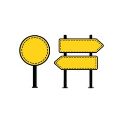 Vibrant Yellow Signage Illustration with Directional and Circular Signs on White Background Graphic Resource
