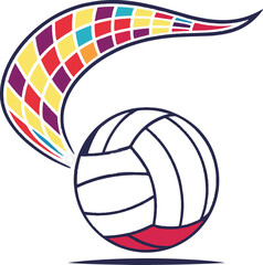 Colorful abstract ribbon flowing around a volleyball with red and white panels isolated on transparent background
