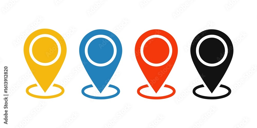 Poster location markers in various colors for maps and navigation representing global positioning and place