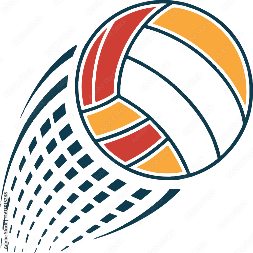 Poster dynamic illustration of a colorful volleyball flying through a net with motion blur isolated on tran