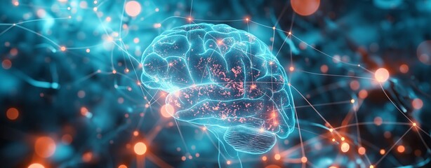 Abstract glowing neural network brain with interconnected nodes and vibrant blue and orange light particles symbolizing artificial intelligence and digital consciousness