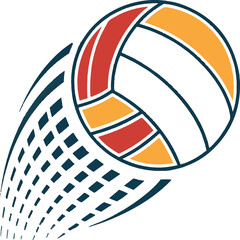 Dynamic illustration of a colorful volleyball flying through a net with motion blur isolated on transparent background
