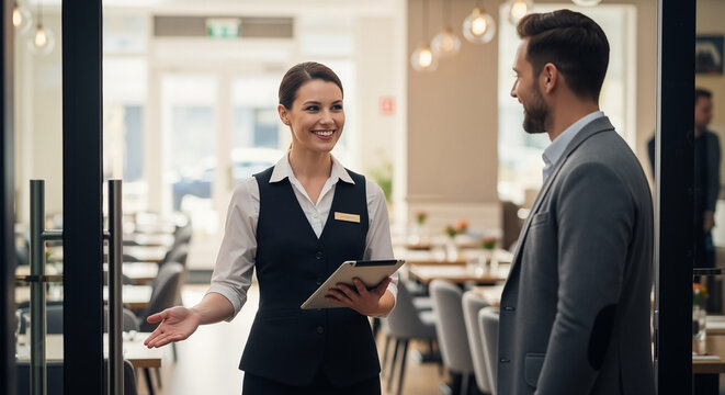 Professional smiling hostess with a tablet warmly welcoming a male guest into a modern luxury restaurant