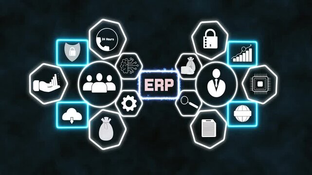 ERP (Enterprise Resource Planning) , integration enhancements, data flow, business intelligence, finance, inventory, and centralized systems for human resources are shown.