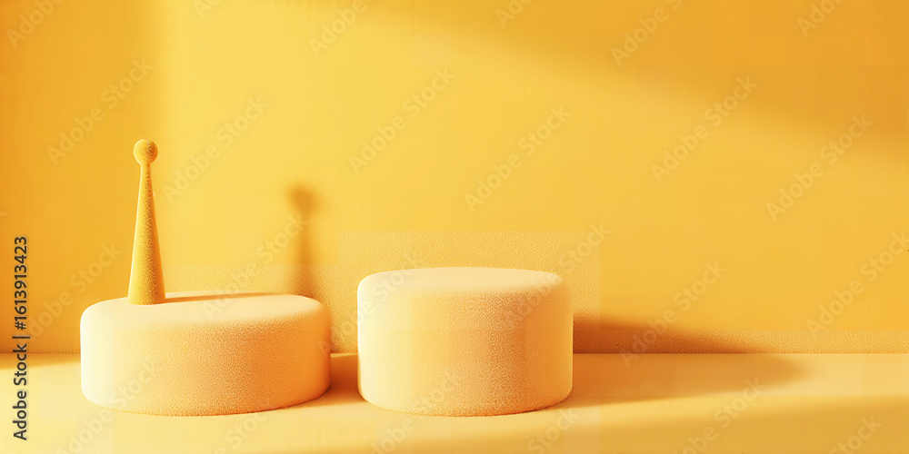 Poster minimalist yellow studio setup with two round platforms and a cone shaped object on one of them