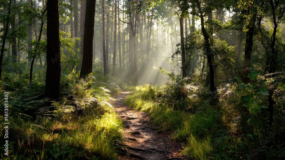 Poster path through a tranquil forest illuminated by soft sunlight and mist, inviting exploration and learn
