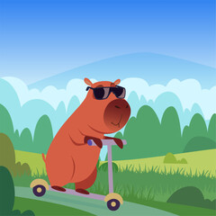 Capybara. happy cute animal capybara riding on scooter
