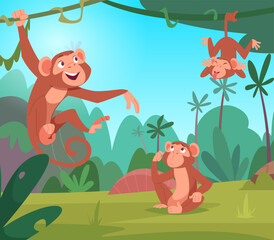 Monkeys. wild jungle animals monkey playing in green exotic tropical forest