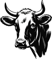 Detailed black and white illustration showcases the head of a cow with prominent horns, capturing its strong features and intricate details in a vector style artwork.