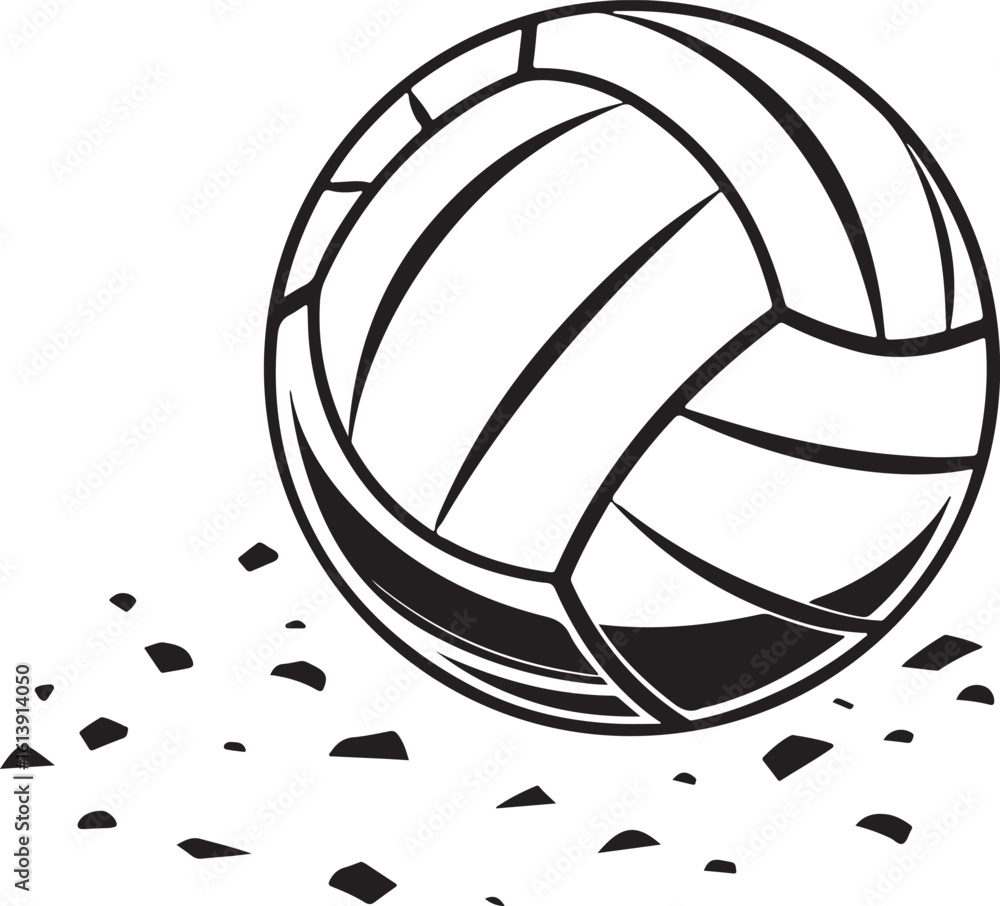 Poster a stylized line drawing of a volleyball resting on a surface with small scattered dots isolated on t