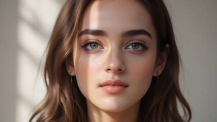 Obraz premium Close-up of a beautiful young woman with natural makeup and soft lighting