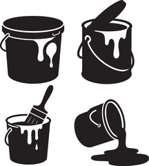 Black and White Paint Bucket Silhouette Set  Tipped Bucket, Brush Inside, and Grouped Painting Tools Isolated on White