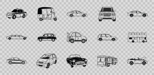Collection of vehicle silhouettes isolated on transparent background silhouette