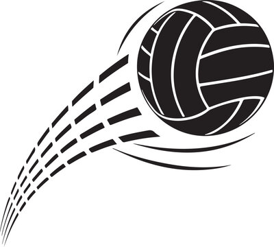 Dynamic illustration of a black volleyball in motion creating a trail of dashed lines isolated on transparent background