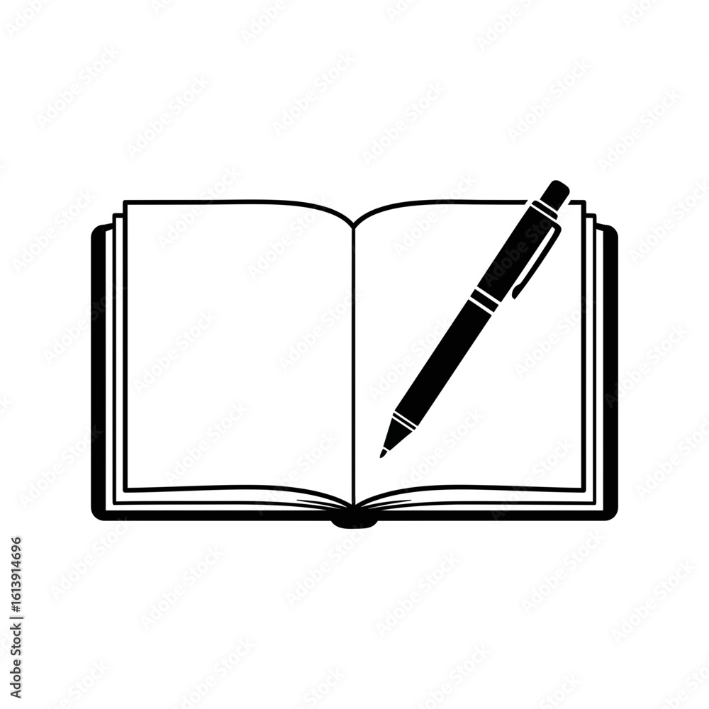 Poster open book with blank pages and a pen resting on top ready for writing and taking notes for study wor