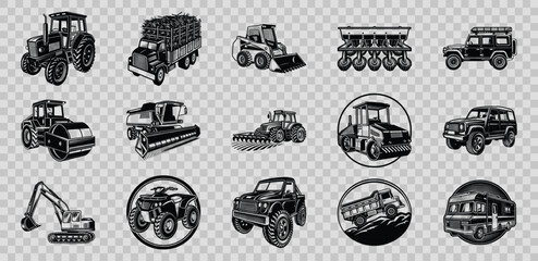 Collection of agricultural machinery silhouettes isolated on transparent background