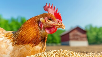 Close-Up of a Chicken Enjoying Grains in a Farmyard Setting with a Red Barn and Lush Green Background under a Bright Blue Sky
