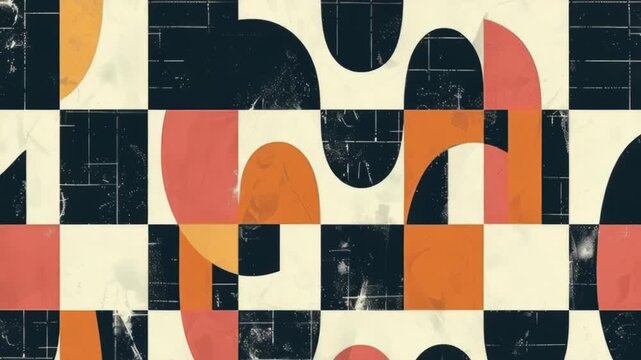 A black and white checkered pattern with orange and black circles