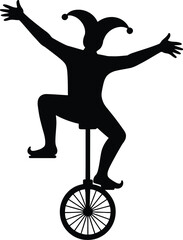 Silhouette of a jester riding a unicycle with arms outstretched creates a whimsical and playful design, perfect for entertainment, circus themes, or creative projects.