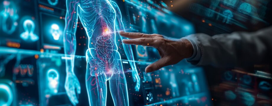 Doctor s hand interacting with a futuristic holographic medical display showing a human anatomy scan