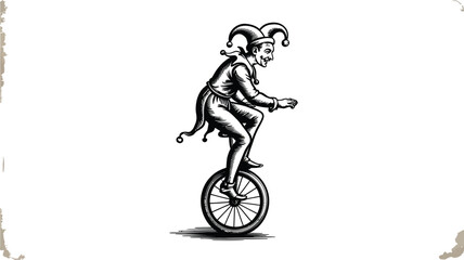 A whimsical vintage style illustration showcases a jester riding a unicycle, rendered in detailed black and white linework, evoking a sense of classic circus entertainment and playful artistry.