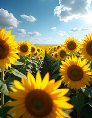 Obraz premium A radiant field of sunflowers stretches towards the horizon under a bright blue sky.