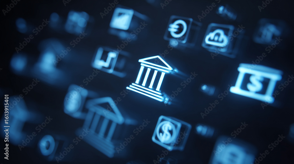 Poster close up of illuminated banking and finance icons on a dark surface with a blue color cast