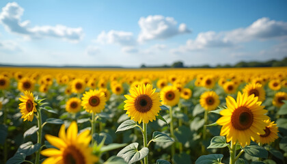 Fototapeta premium A stunning view of a sunflower field under a clear, bright blue sky on a sunny day.