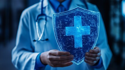 Doctor holding a glowing digital shield with a blue cross symbolizing healthcare protection and medical security