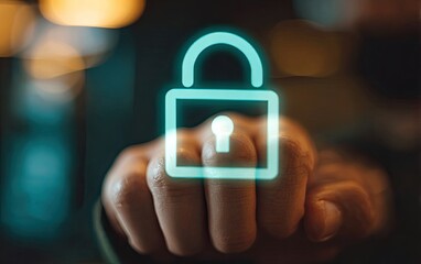 Hand touching a glowing padlock icon