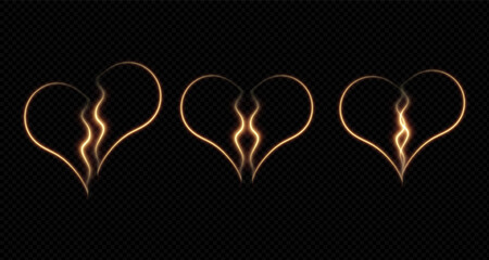 Contour of a broken neon love icon. Glowing neon fragments of a broken heart, fragile love relationships. Broken heart, shattered love, painful feelings, heartbreaking pain. For advertising.