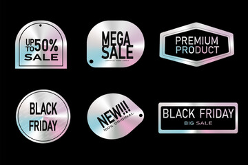 Sale of hologram stickers. Holographic spot. Black Friday glossy labels in various shapes. Discount template, price tag, iridescent shiny vector emblems. For advertising.