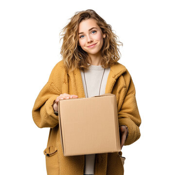 Young woman with cardboard box on white background