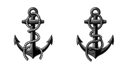 Two black anchors with rope on white background nautical theme illustration © Lhvect02