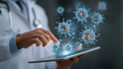 A doctor using a tablet displaying virus cells and wearing a white coat with a stethoscope around neck