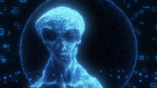 Grey Alien Head appears as a glitching hologram Sci-fi Concept CGI Animation