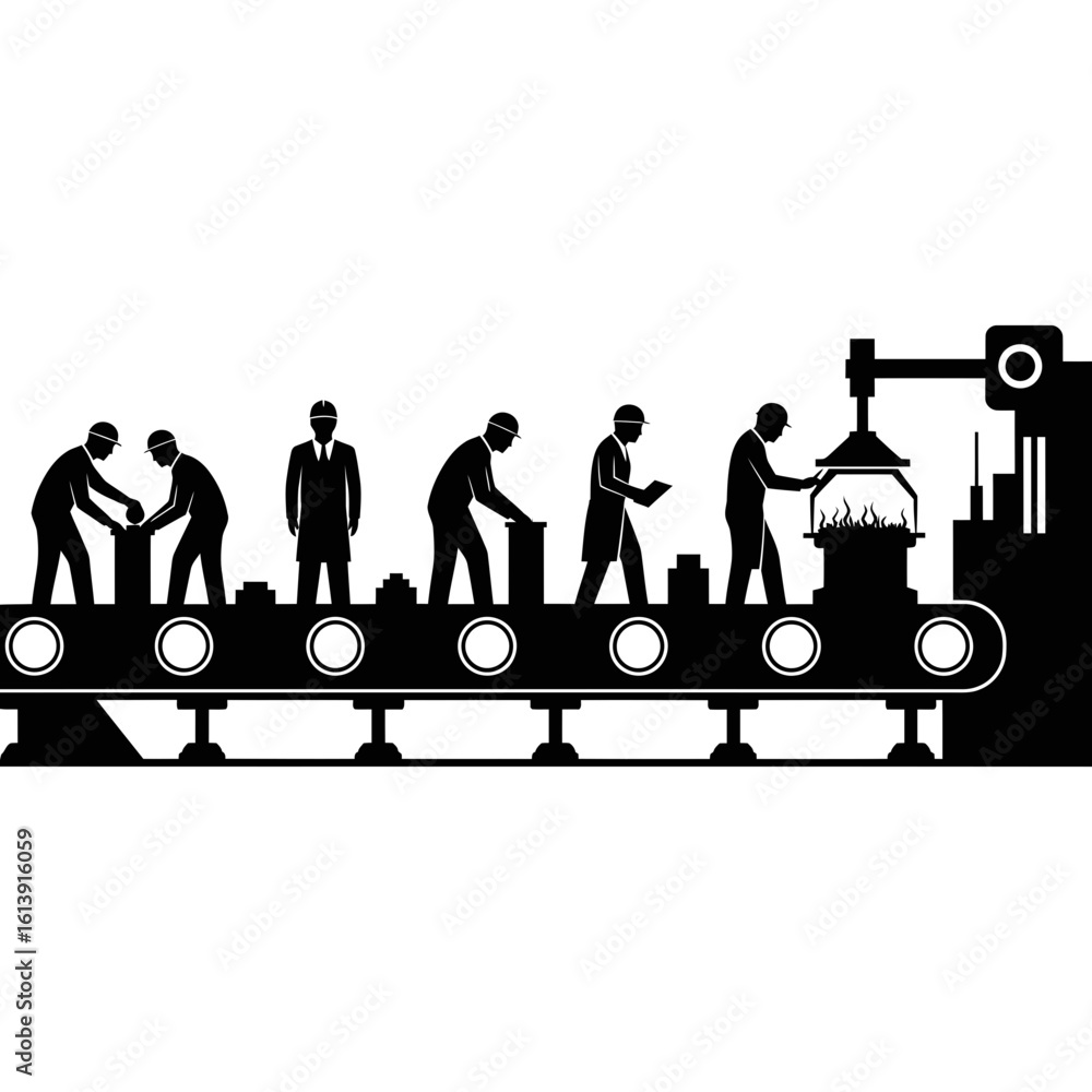Poster silhouette illustration of workers on an assembly line with a robotic arm and factory setting scene