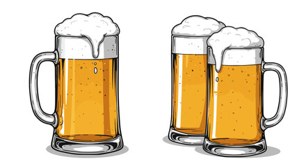 Three glasses of beer with foam on a white background illustration