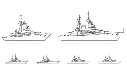 Outlines of Four Different Types of Warships on a White Background © Lhvect02