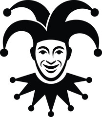A stylized jester illustration showcases a smiling face with a traditional jester hat and collar, rendered in a clean, bold black and white design suitable for various creative projects.