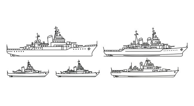 Seamless pattern of different warships in black and white outline style