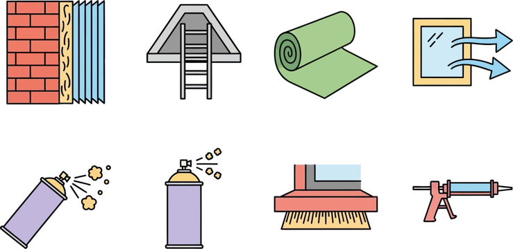 Home energy efficiency building materials and insulation techniques icons set